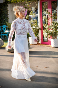 LEO LIN Transcencence Rose Lace Pleated Dress White