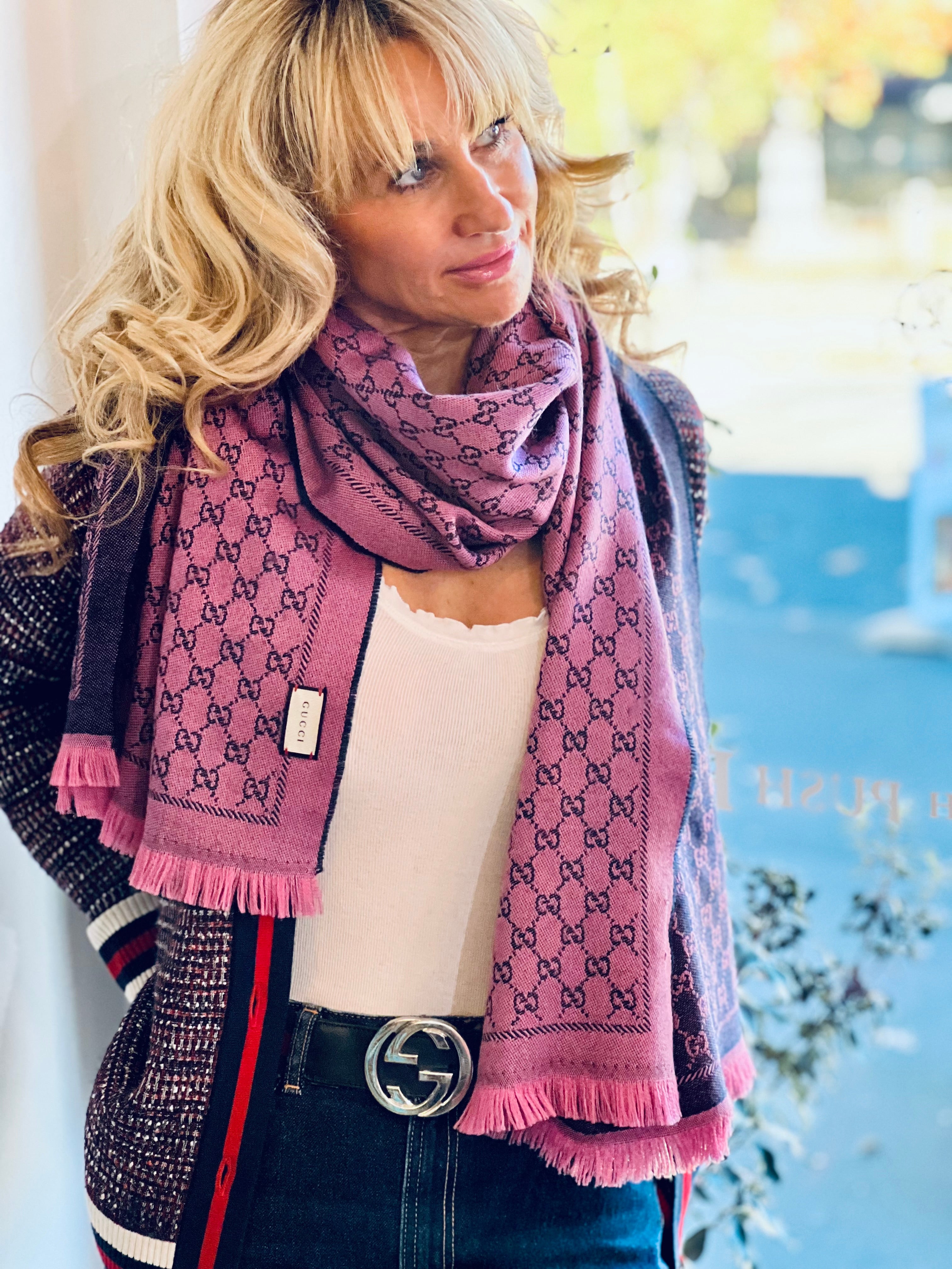 Gucci Scarf Pink Grey 100 Silk Monogram Motifs Dark New Releases