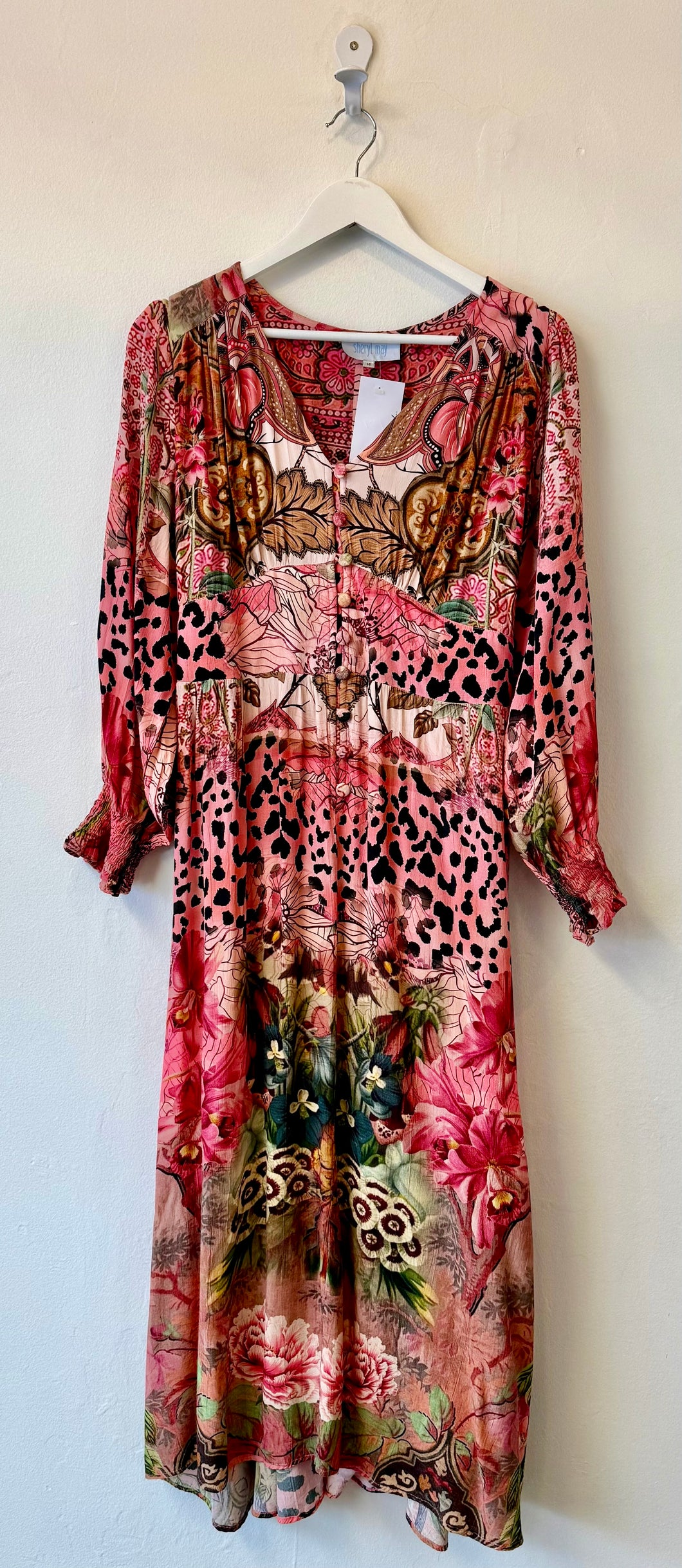 SHERYL MAY Pink Floral/Leopard Print Long Sleeve Maxi Dress