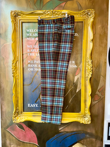 KINLOCH ANDERSON Tartan Trouser Straight Waistband Pale Blue Khaki Red