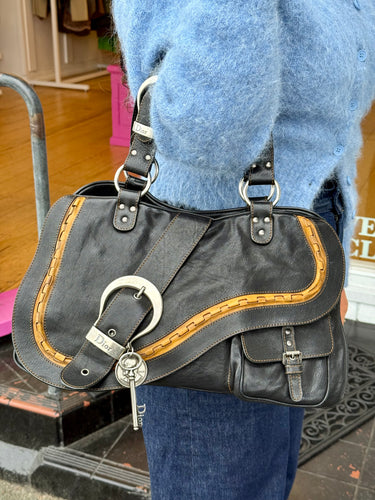 CHRISTIAN DIOR Calfskin Gaucho Double Saddle Bag Black (Navy/Tan)