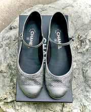 Load image into Gallery viewer, CHANEL Silver Perforated Leather Cap Toe Ankle Strap Ballet Flats