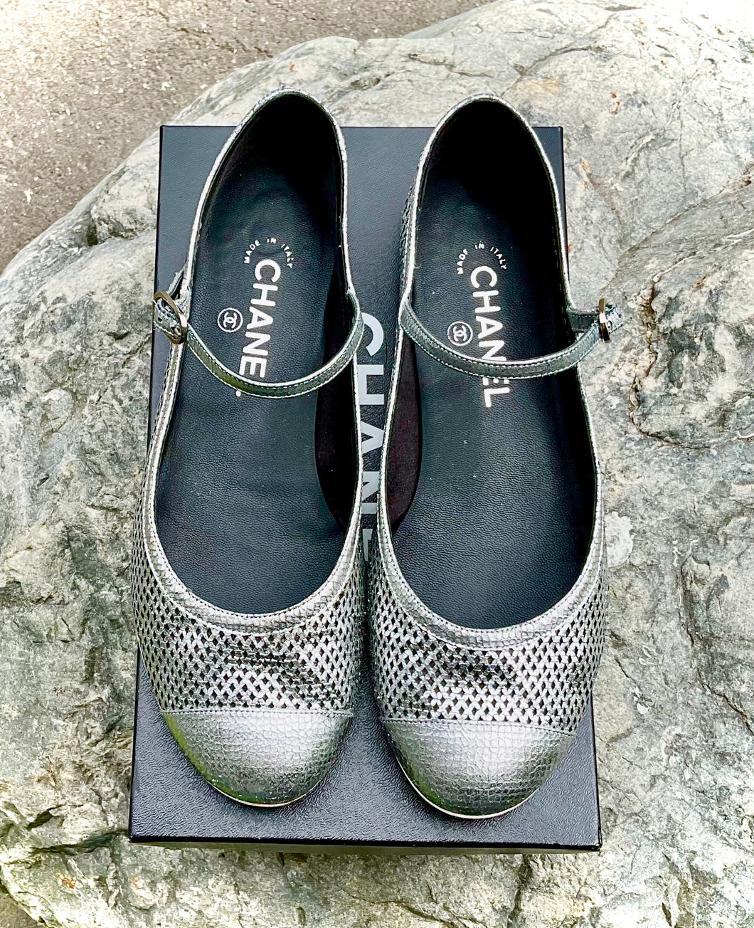 CHANEL Silver Perforated Leather Cap Toe Ankle Strap Ballet Flats