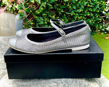 Load image into Gallery viewer, CHANEL Silver Perforated Leather Cap Toe Ankle Strap Ballet Flats