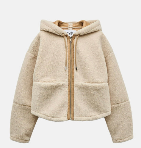 ZARA Faux Shearling Hooded Jacket Ecru