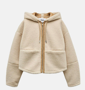ZARA Faux Shearling Hooded Jacket Ecru