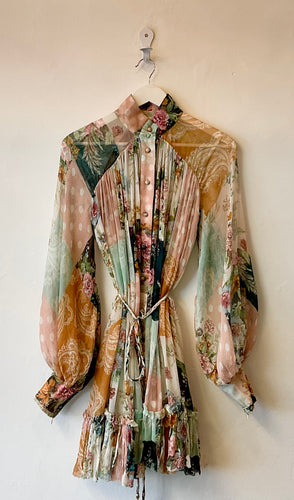 ZIMMERMANN Wavelength Smock Mini Dress Patchwork Floral