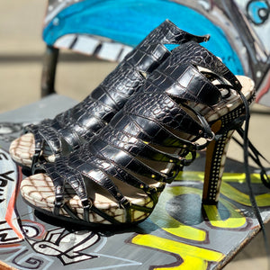 CHRISTIAN DIOR Croco Embossed And Studded Lace Up Heels Black